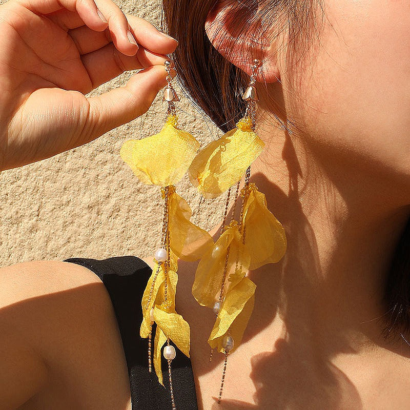 Handmade fabric pearl earrings female super fairy long tassel earrings