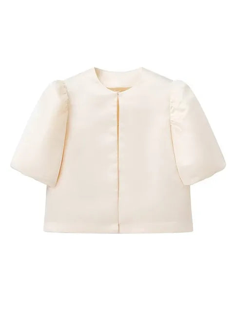 Solid Satin New Women's Blouse Top With Pouf Balloon Sleeve Spring Summer Female Sleeves O Neck Loose Short Shirt Female Blouses