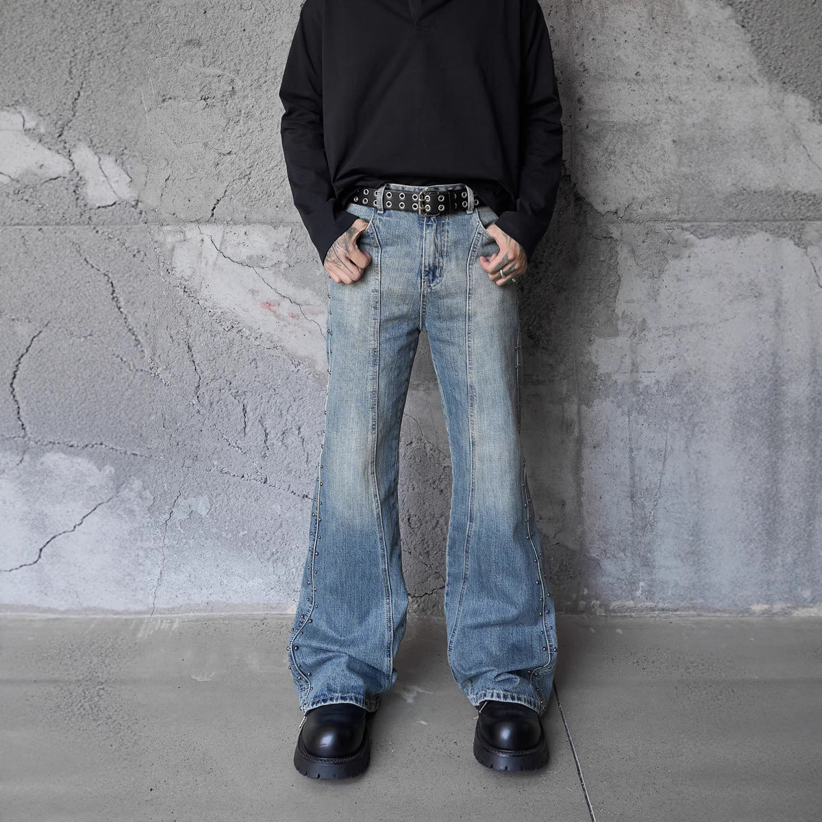 Vintage Deconstructed Patchwork Denim Pants Unisex Street Washed Loose Wide-Leg Tapered Casual Trousers
