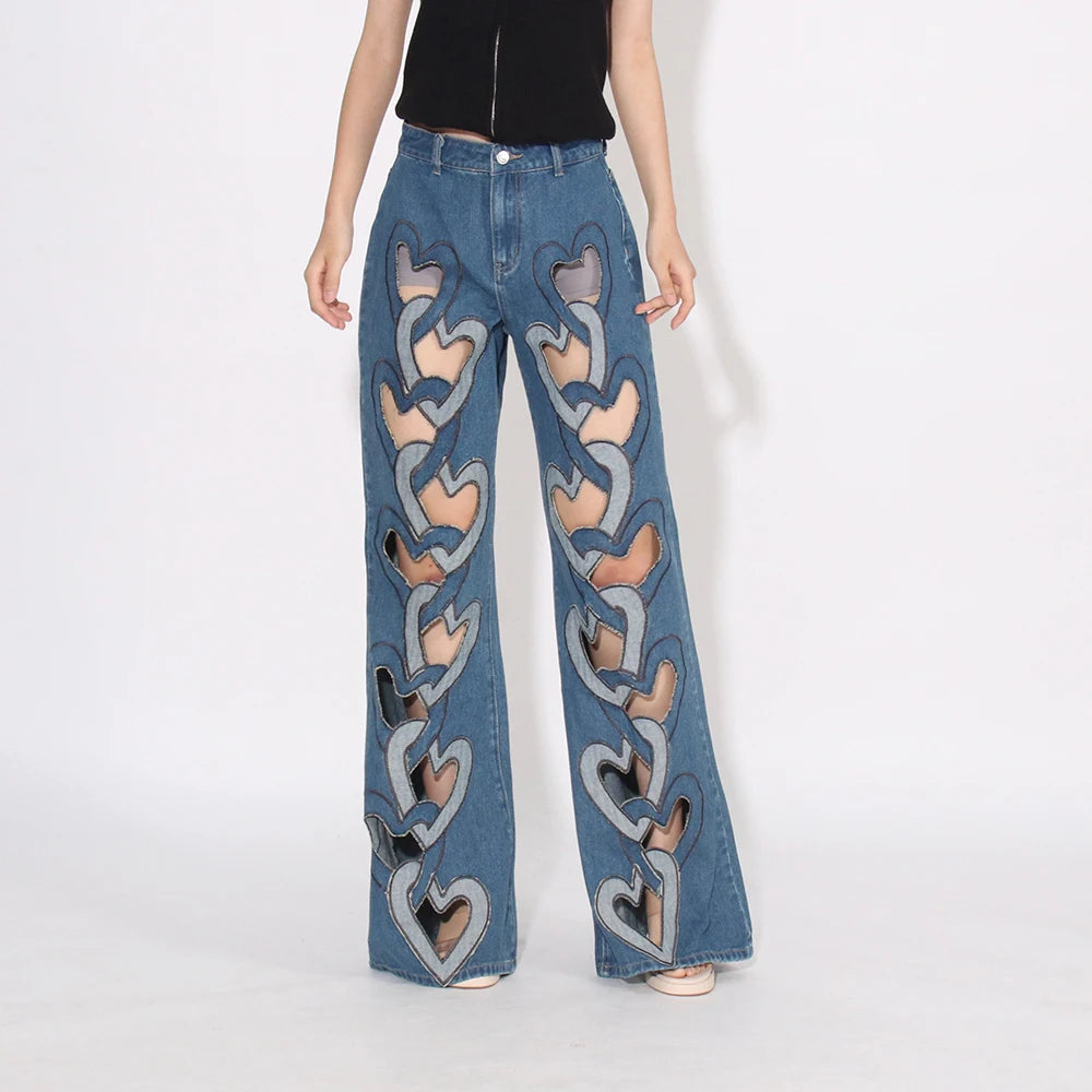 European and American sexy spicy style pants, casual and fashionable heart-shaped hollow high waisted jeans, women's trend