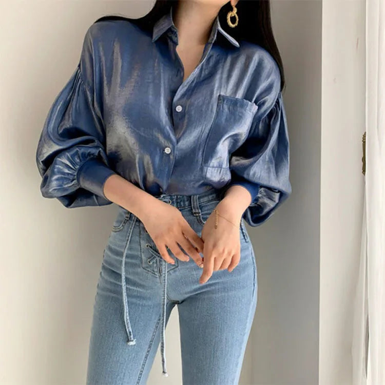 Gradient Color Shirts Womens Fashion Bright Blouse Female Elegant Lapel Button Blusa Casual Puff Sleeve Top Oversize