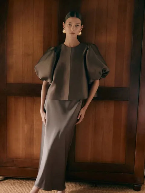 Solid Satin New Women's Blouse Top With Pouf Balloon Sleeve Spring Summer Female Sleeves O Neck Loose Short Shirt Female Blouses