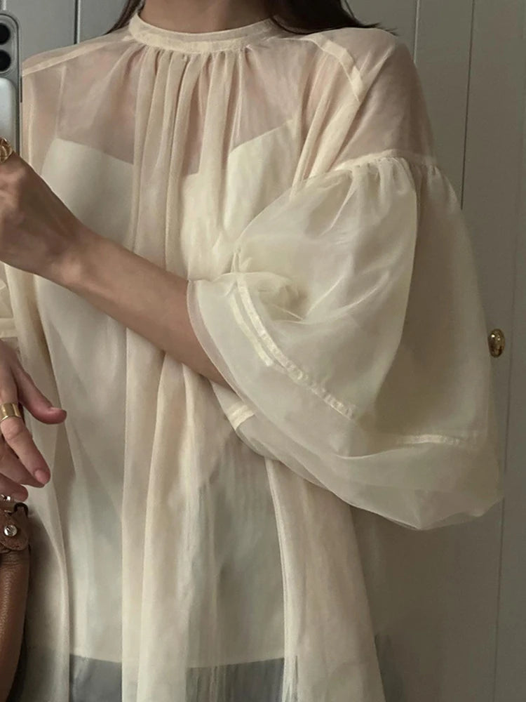 Summer Mesh Shirts For Women Round Neck Lantern Sleeve Loose Minimalist Folds Casual Pullover Korean Blouse Female New