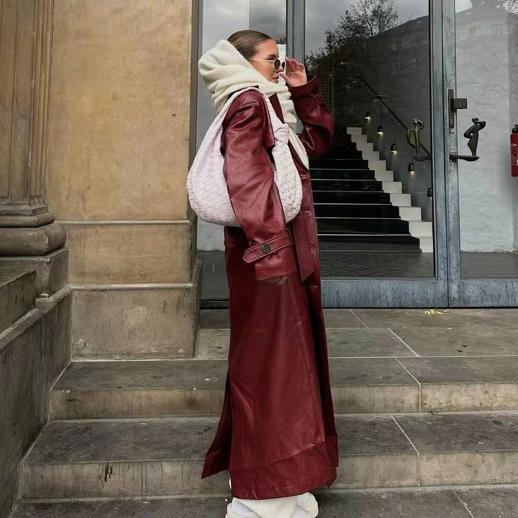 Spring and Autumn new European and American style plus size loose casual fashion long leather coat windbreaker jacket for women