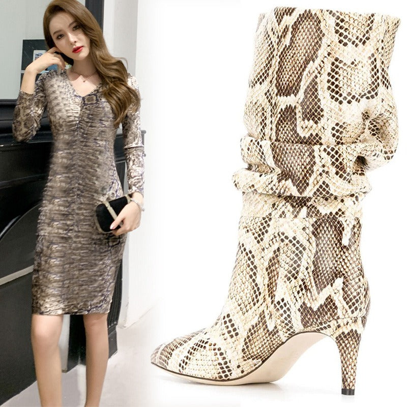 Women Fold Over Boots Pointed Toe Handmade Female Fashion Mid-Calf Boots Snake Microfiber High Boots Party Shoes