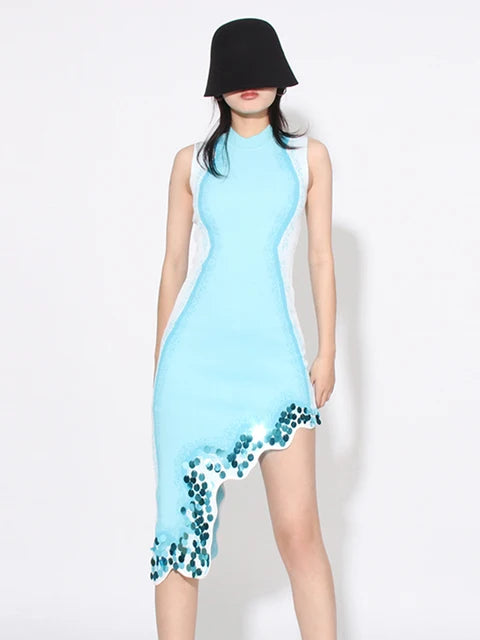 Colorblock Slimming Temperament Dresses For Women Round Neck Sleeveless High Waist Irregular Sexy Dress Female New