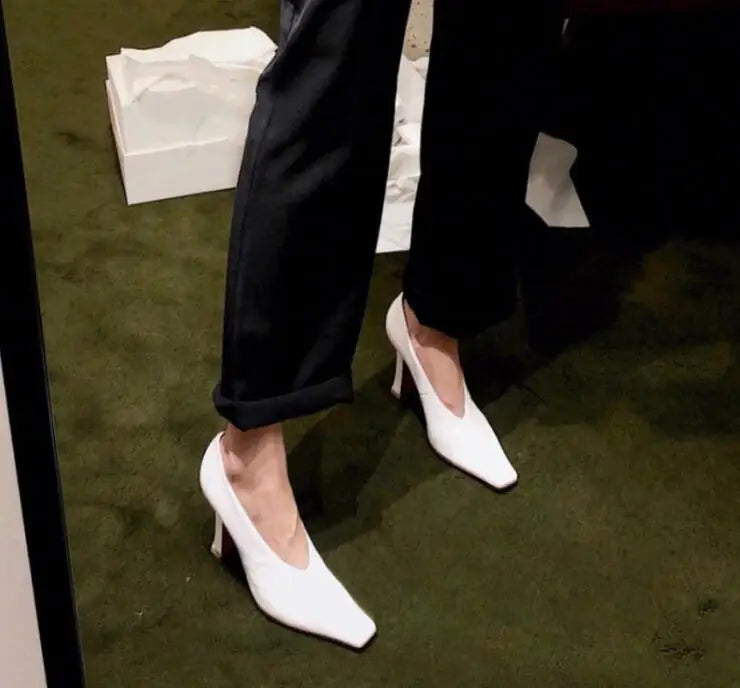 Ladies Vintage Chunky Female High Heel Pumps Sexy Cow Leather Women Square Toe Heels Lady Fashion Shoes Hot Sales