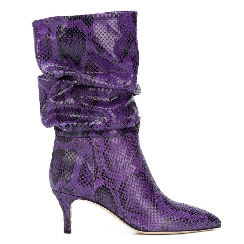 Women Fold Over Boots Pointed Toe Handmade Female Fashion Mid-Calf Boots Snake Microfiber High Boots Party Shoes