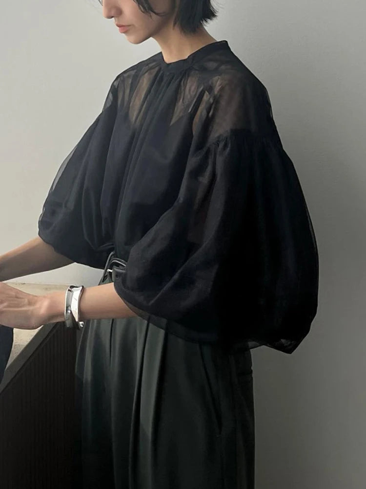 Summer Mesh Shirts For Women Round Neck Lantern Sleeve Loose Minimalist Folds Casual Pullover Korean Blouse Female New