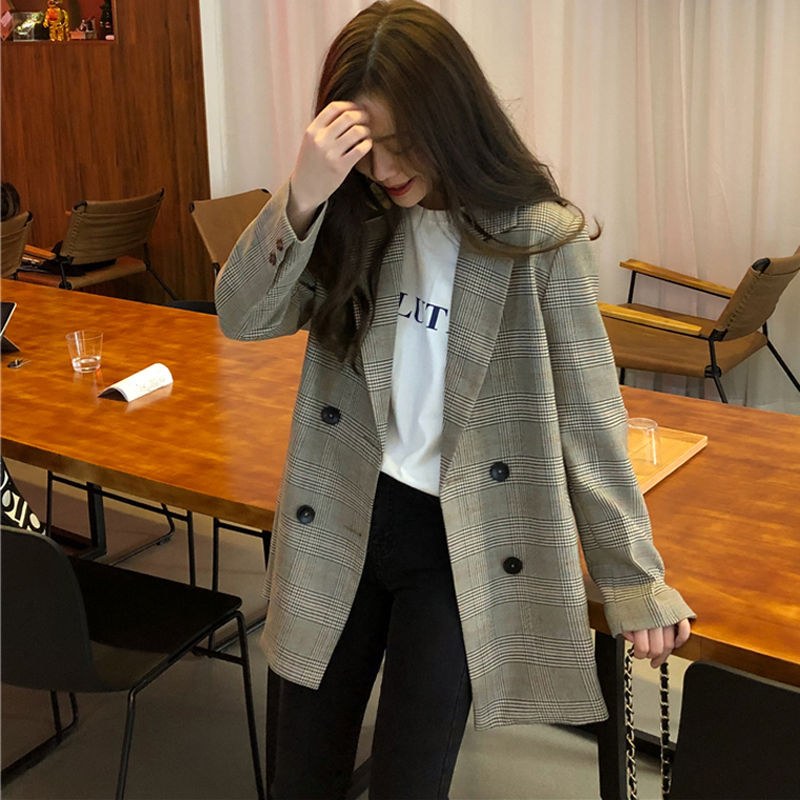 Office Ladies Notched Collar Plaid Women Blazer Double Breasted Autumn Jacket Casual Pockets Female Suits Coat