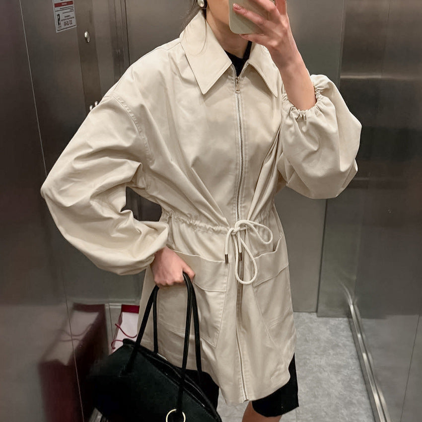 Zipper khaki drawstring waist cinched mid length long sleeved lapel coat