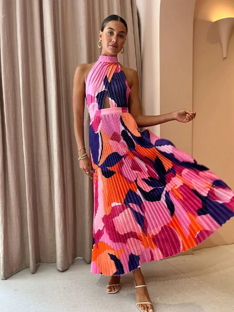 Sexy Pleated Print Halter Dress Women Loose V-neck Sleeveless Backless Irregular Ruffle Female Dresses Summer Ladies Robe