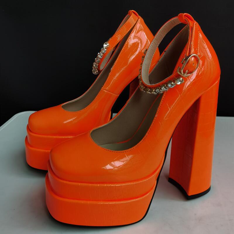 New Sexy Crocodile Pattern Pumps Platform Thick High Heel Rhinestone Party Women's Shoes Black Green Spring Summer Big Size