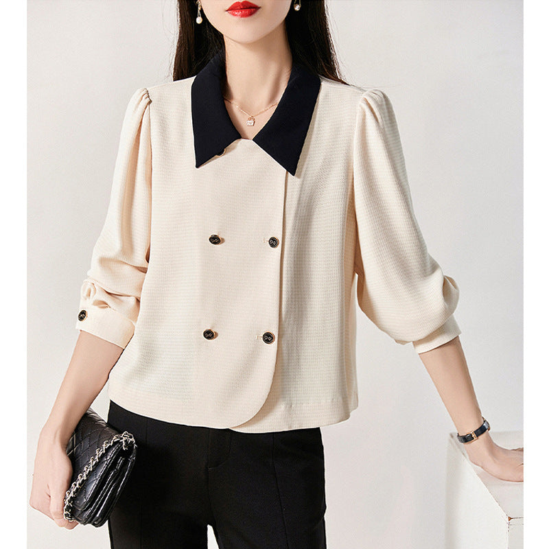 Two-Way Wear Twill Texture Color-Blocking Tweed Style Shirt Jacket, Apricot, Long Sleeve Top for Petite Women