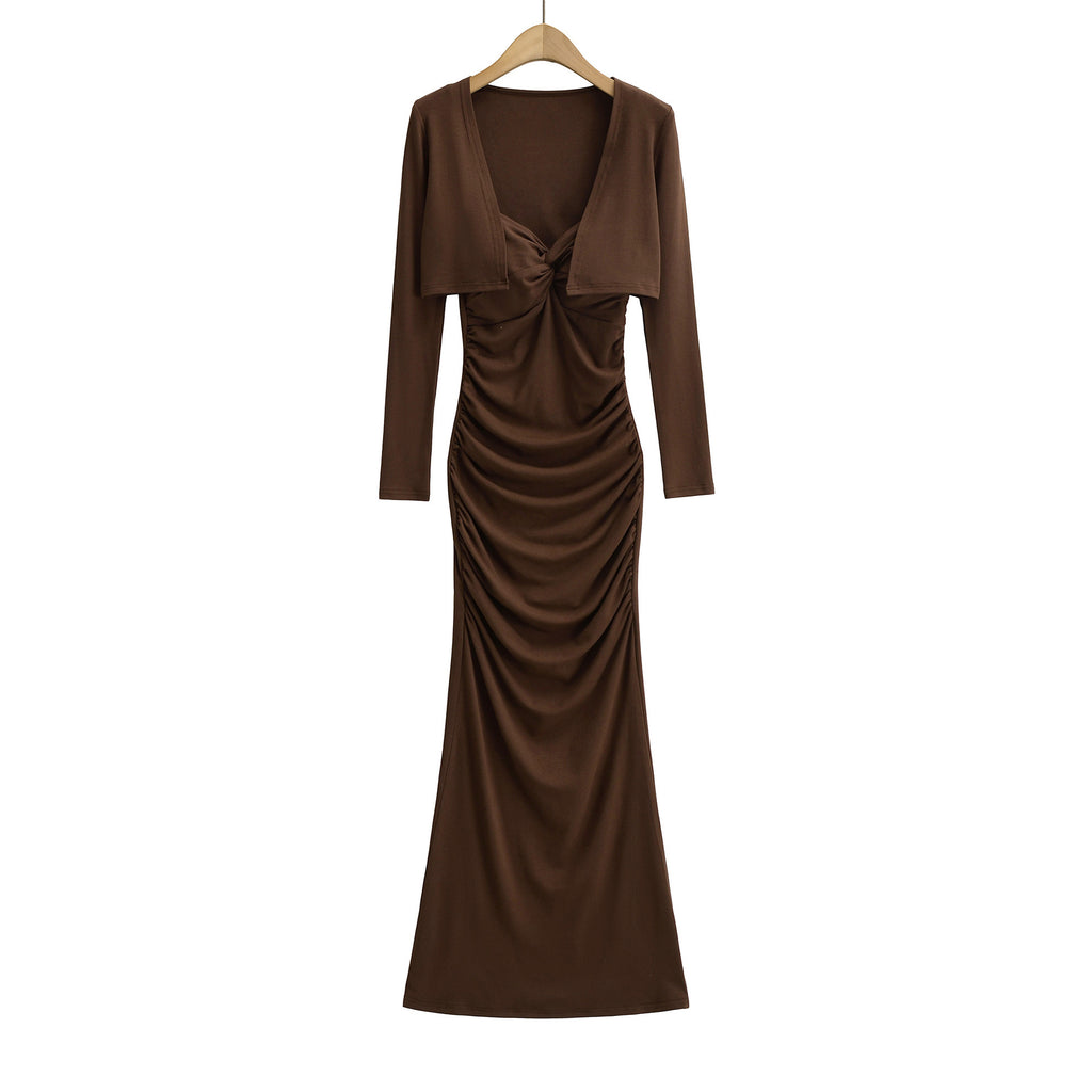 Wrinkle slim fit hip hugging dress cardigan set