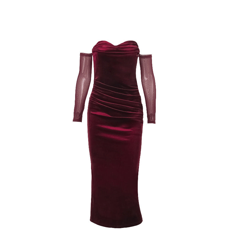 Sexy one shoulder suede pleated dress