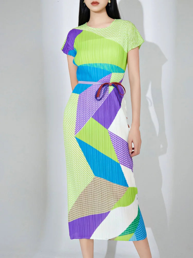 Slim Elegant Pleated Dress For Women Round Neck Short Sleeves Color Block Belt Dresses Female Clothes Summer