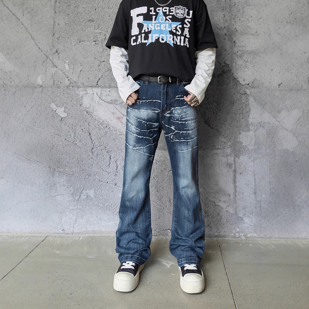 Retro Washed Lightning Pattern Men's Long Pants, INS Autumn Trendy Streetwear, Cool and Versatile Slightly Flared Jeans
