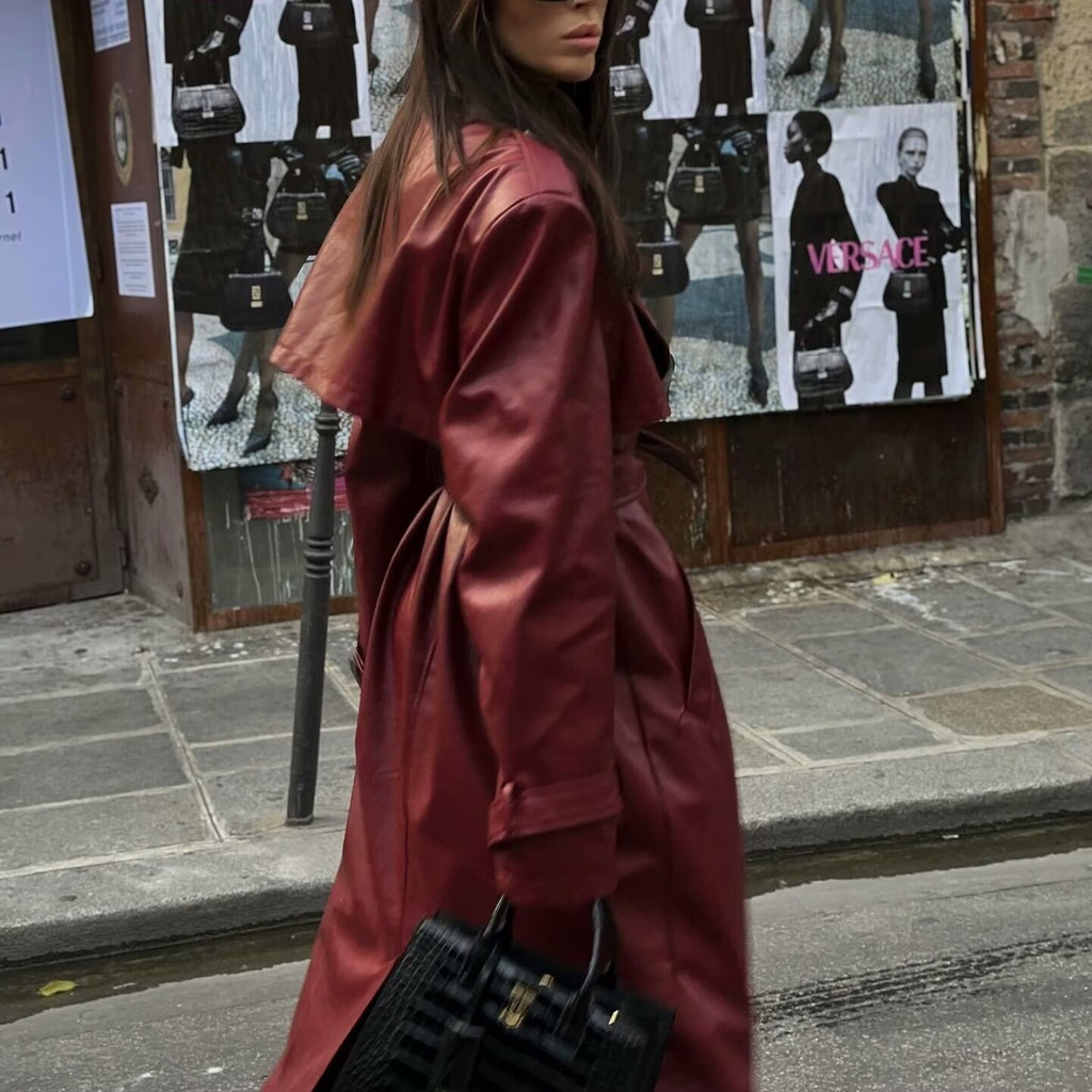 Spring and Autumn new European and American style plus size loose casual fashion long leather coat windbreaker jacket for women