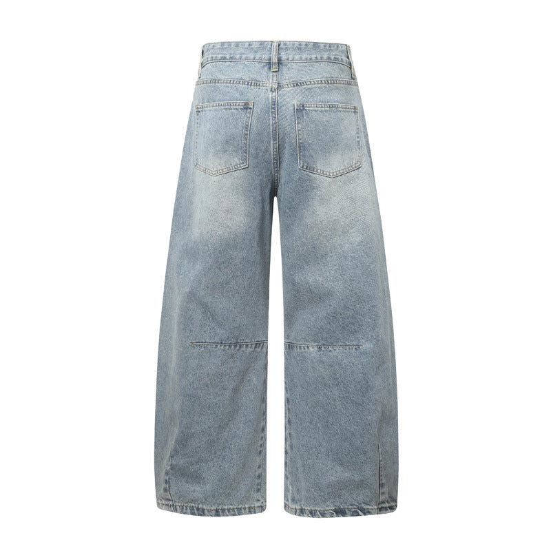 Street Casual Versatile Retro Pleated Washed Distressed Oversized Denim Pants Clean Fit Unisex Wide Leg Tapered Jeans