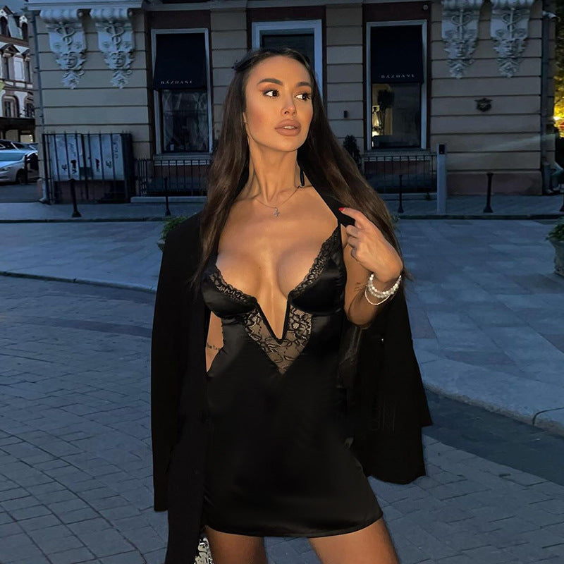 Slim fit camisole lace V-neck sexy mini dress