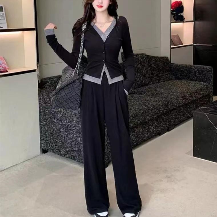 Two-Piece Set with Illusion Two-Piece Design Slimming Top + High-Waisted Slimming Wide-Leg Pants