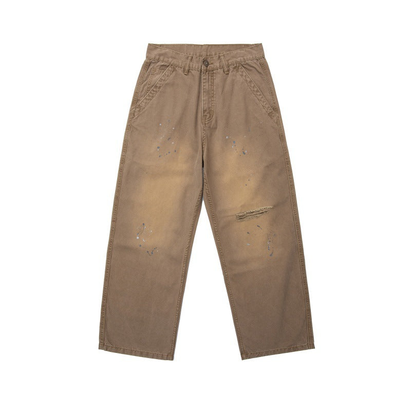 Splatter Graffiti Loose Washed Ripped Denim Pants Men