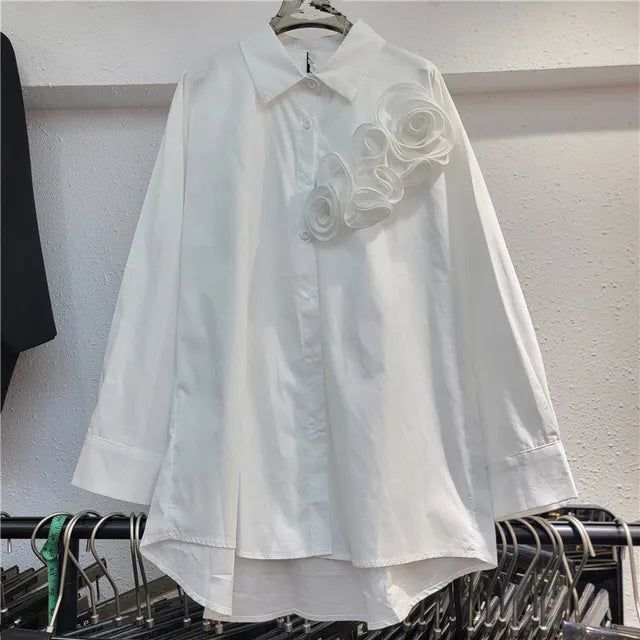 Fashion Women's Three-dimensional Flower T-shirts Loose Casual Long Sleeved Solid Color Tops Female  Autumn