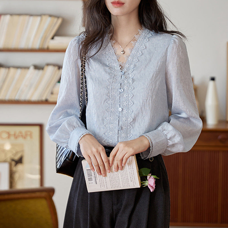 Blue V-Neck Lace Embroidered Long Sleeve Shirt Women  Vintage Elegant Commute Top