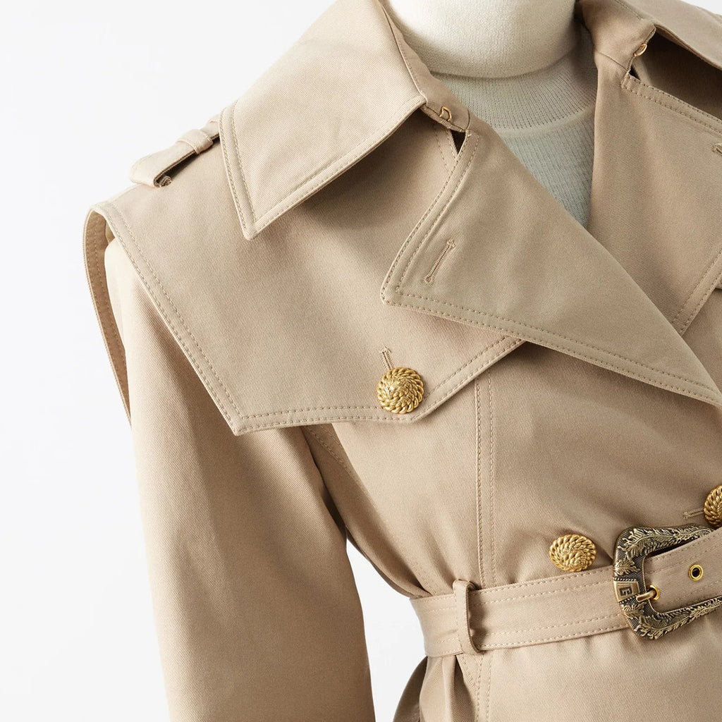 New double breasted detachable adjustable waistband, fashionable pointed collar, mid to long style windbreaker jacket with temperament