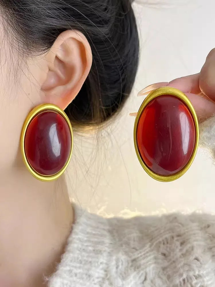 Vintage Exaggerated Wine Red Resin Geometric Oval Large Earrings for Women Chunky Unique Party Heavy Jewelry Accessories