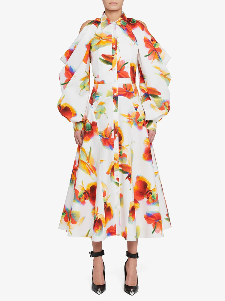 Colorblock Printing Casual Dresses For Women Lapel Long Sleeve High Waist Spliced Button Hollow Out Elegant Dress Female New