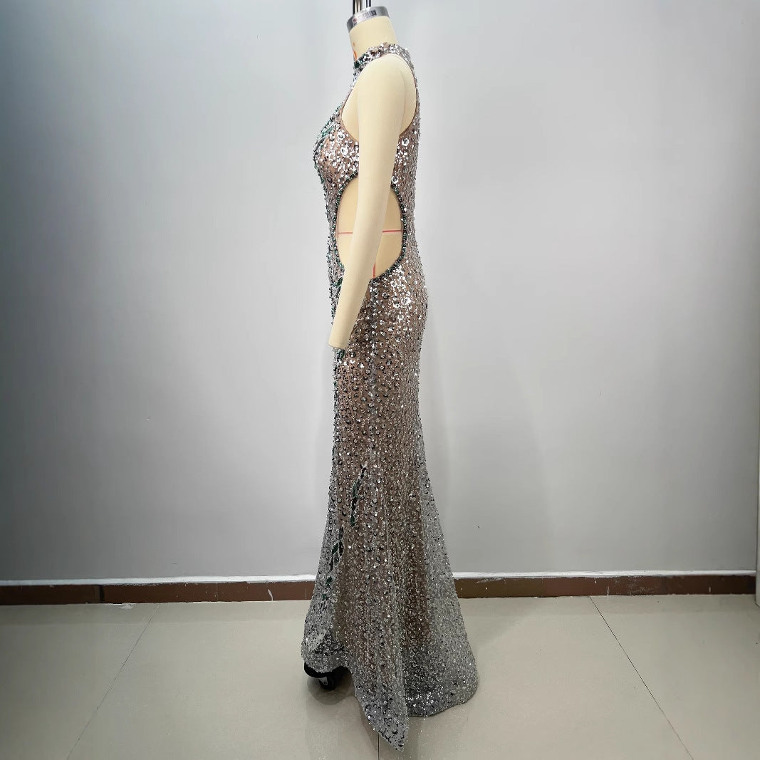 Colorful Diamond Decorated Fitted Round Neck Halter Bodycon Party Dress