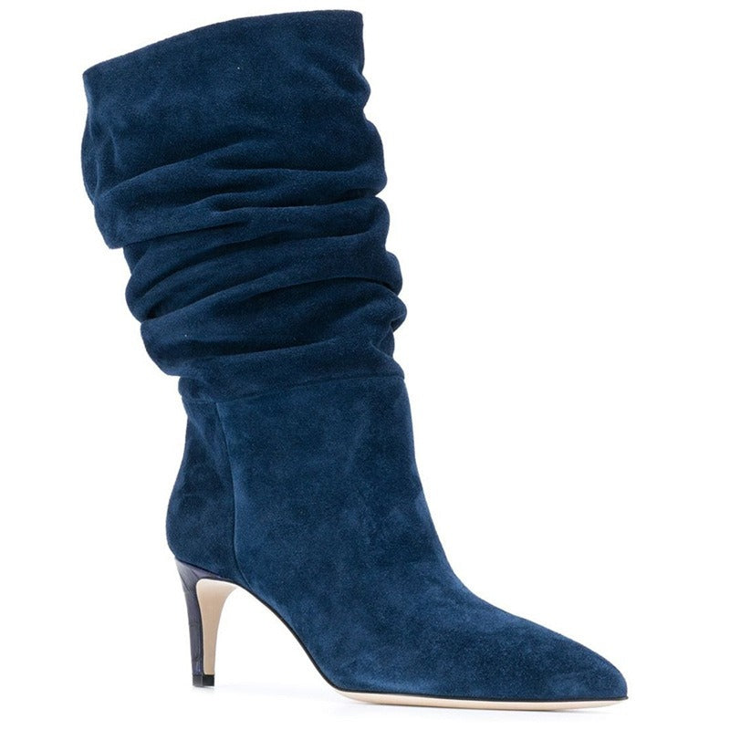 Women Fold Over Boots Pointed Toe Handmade Female Fashion Mid-Calf Boots Snake Microfiber High Boots Party Shoes