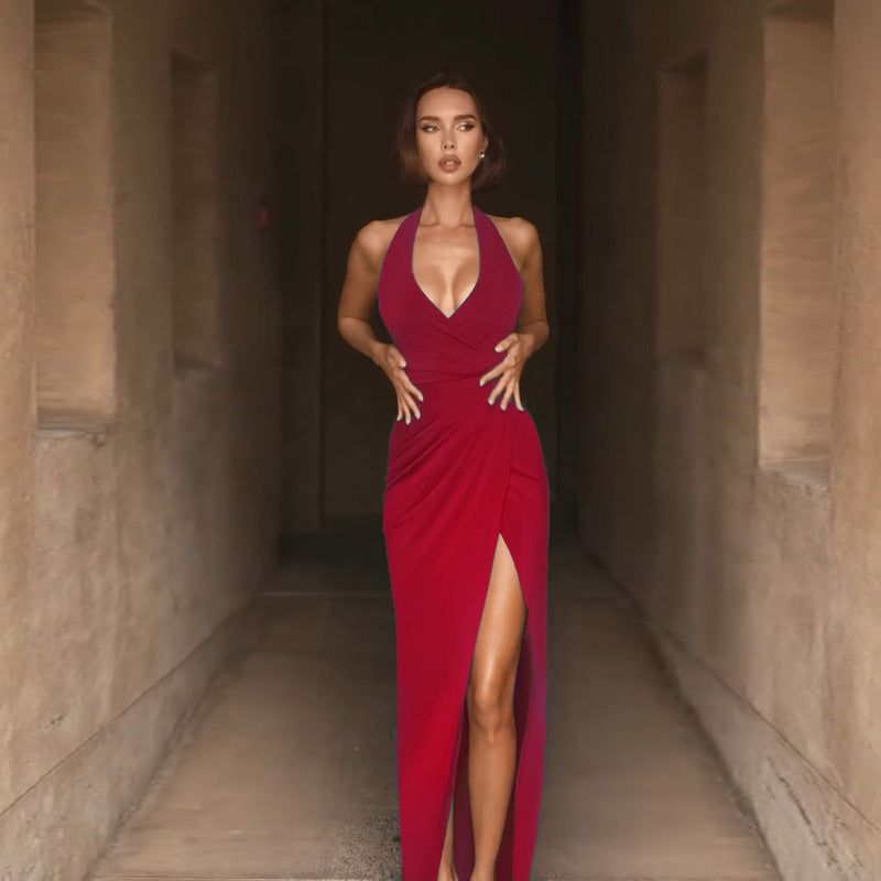 V-neck hanging neck high slit dress
