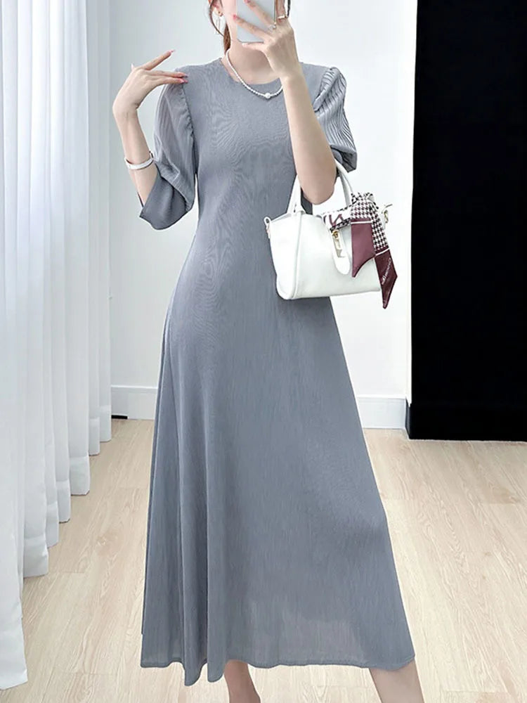 Pleated Dress Women Lantern Sleeve Solid Color Round Collar A Line Loose New Medium Long Elegant Female
