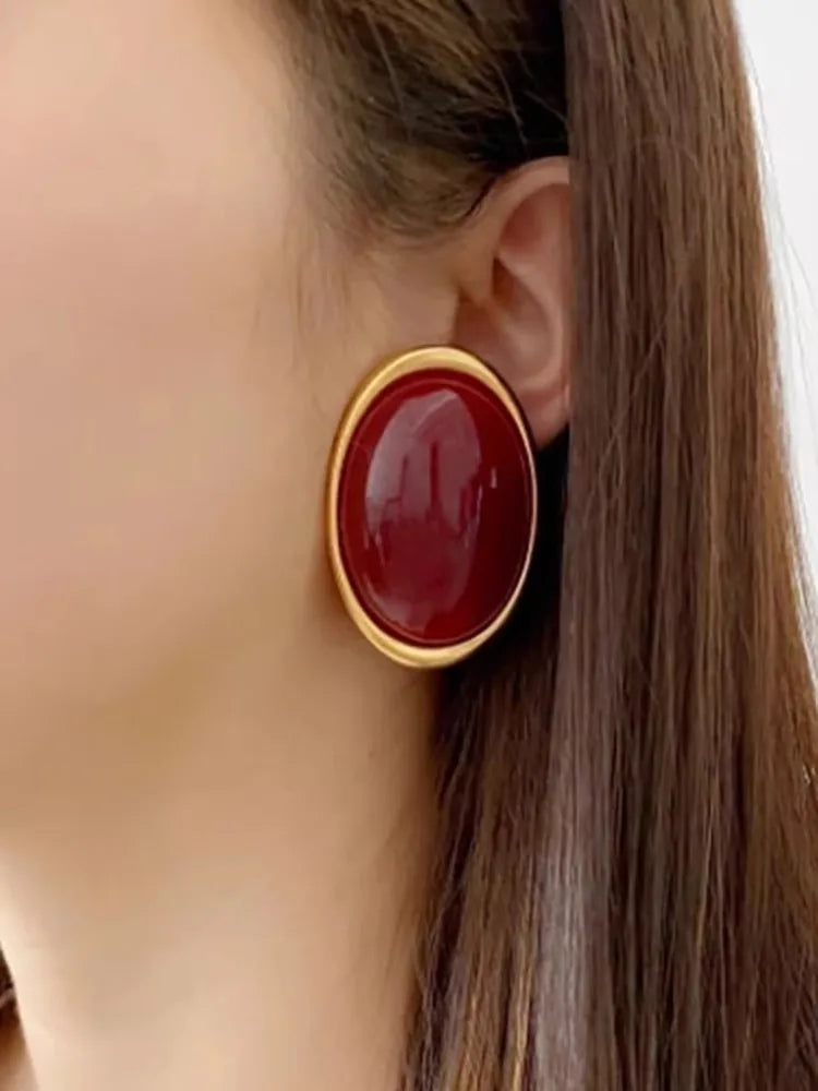 Vintage Exaggerated Wine Red Resin Geometric Oval Large Earrings for Women Chunky Unique Party Heavy Jewelry Accessories