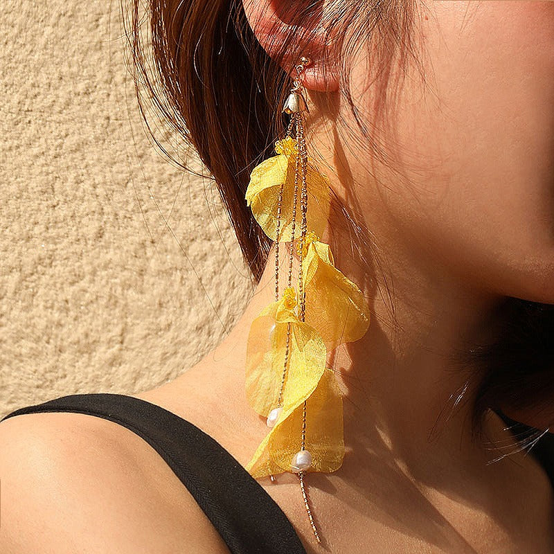 Handmade fabric pearl earrings female super fairy long tassel earrings