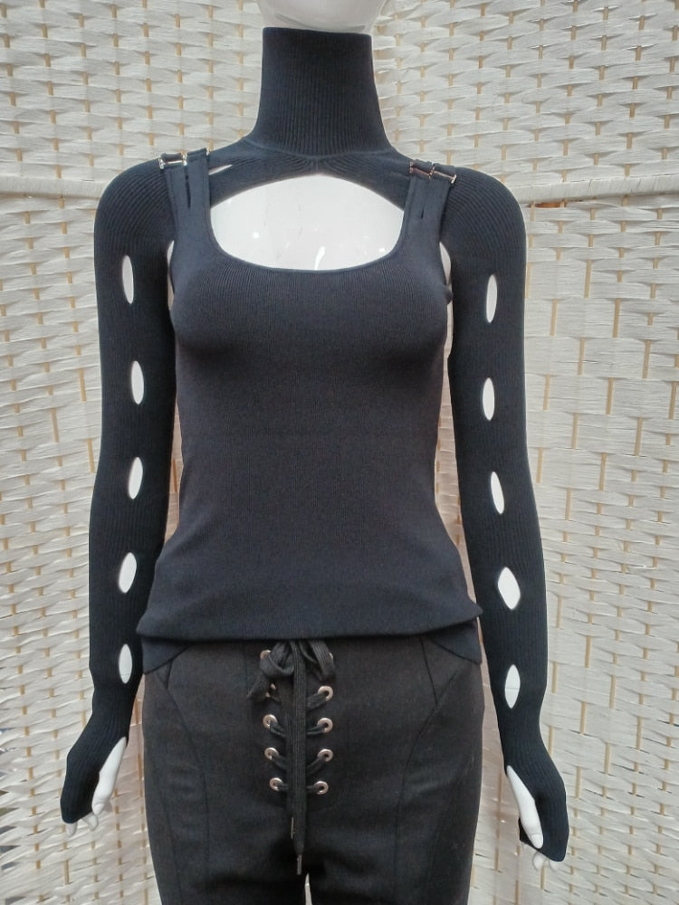 Autumn/Winter New Two-piece Women Knitted Tops High Quality Poorer Hollow Sweater High Street Elegant Fashion Viscose Clothes