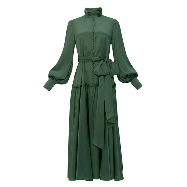 Patchwork Lace Up Solid Elegant Dresses For Women Turtleneck Lantern Sleeve High Waist Temperament Dress Female Fashion New