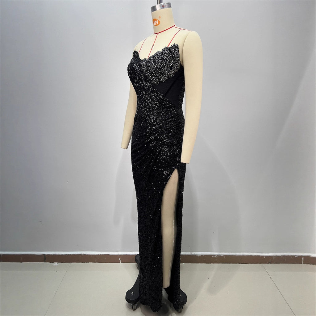 Spring and Summer New Women's Off-the-Shoulder Sequined Sexy Evening Dress Halter Sequined Sleeveless Party Dress Long Skirt