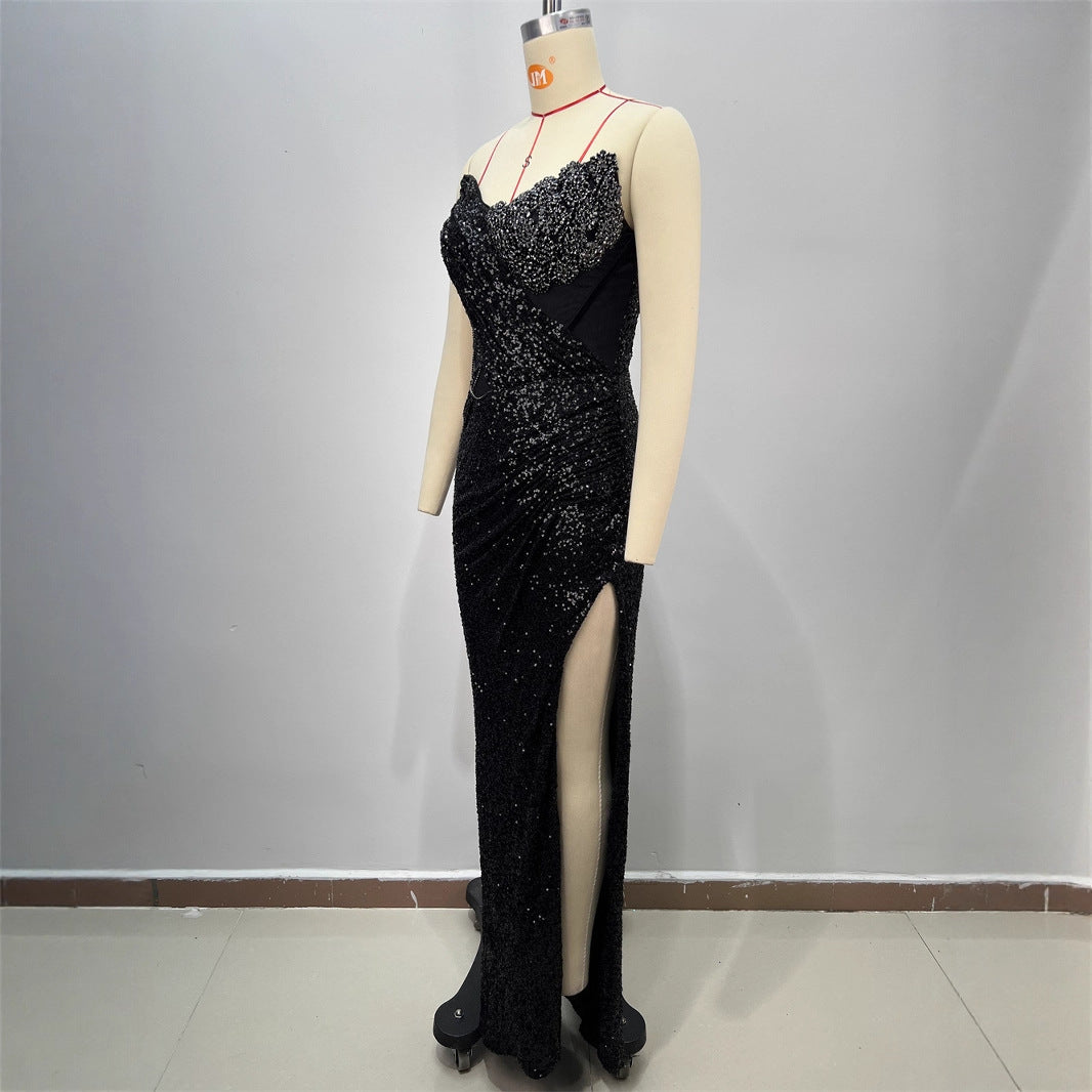 Spring and Summer New Women's Off-the-Shoulder Sequined Sexy Evening Dress Halter Sequined Sleeveless Party Dress Long Skirt