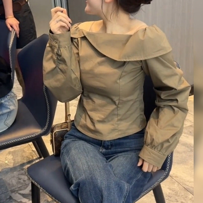 Commuter Top with Design Sense, Style Khaki Off-Shoulder Long Sleeve Elegant Women's Shirt
