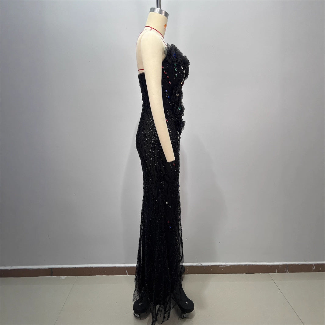 Shiny Sequin Evening Dress Long V-neck Waist-tightening Fitted Dress Mermaid Long Dress Women