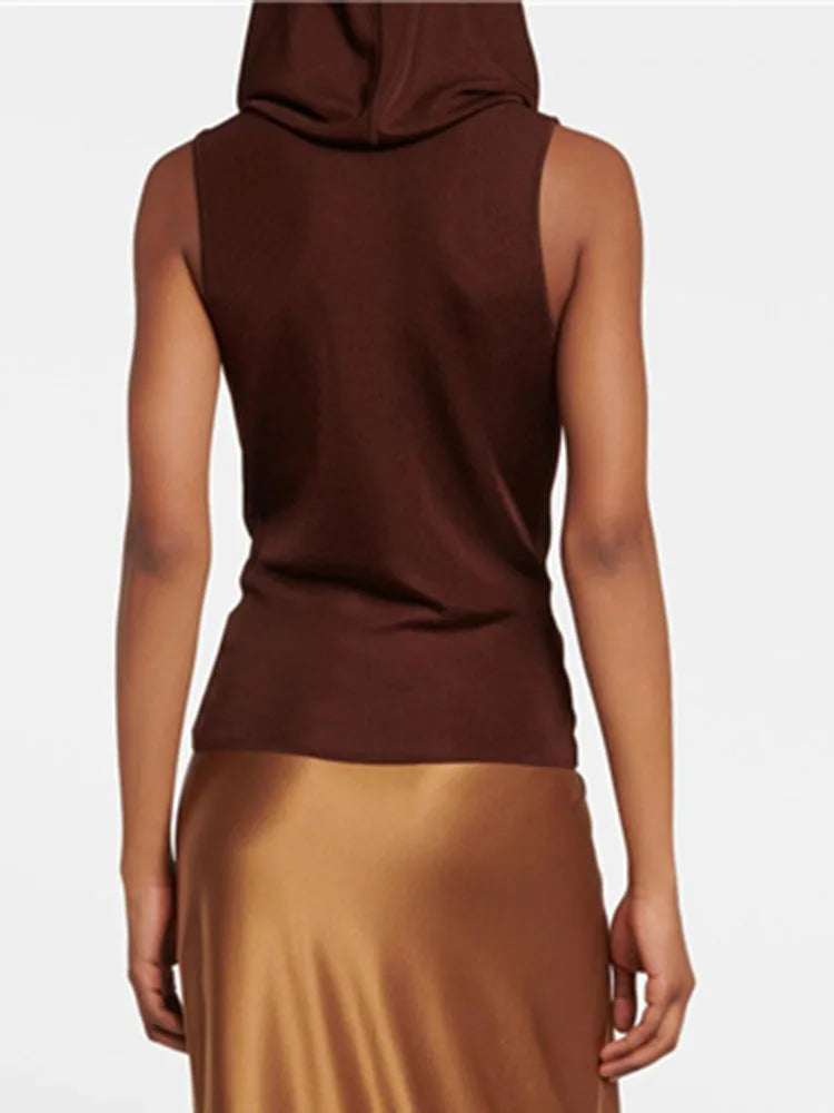 Women's Short Tank Tops  Hooded Sleeveless Solid Collor Knit  Top Female Summer