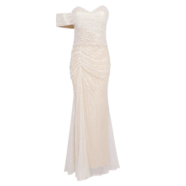 Women Elegant Off Shoulder Short Sleeves Pearl Sequins Design Sparkling Maxi Long Gown