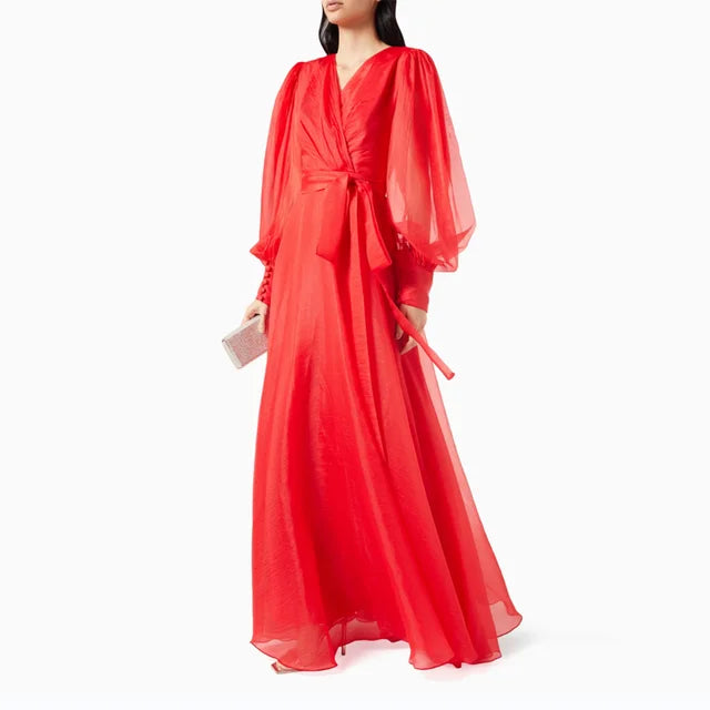 Solid Spliced Lace Up Elegant Dresses For Women V Neck Lantern Sleeve High Waist Patchwork Zipper Long Dress Female Fashion