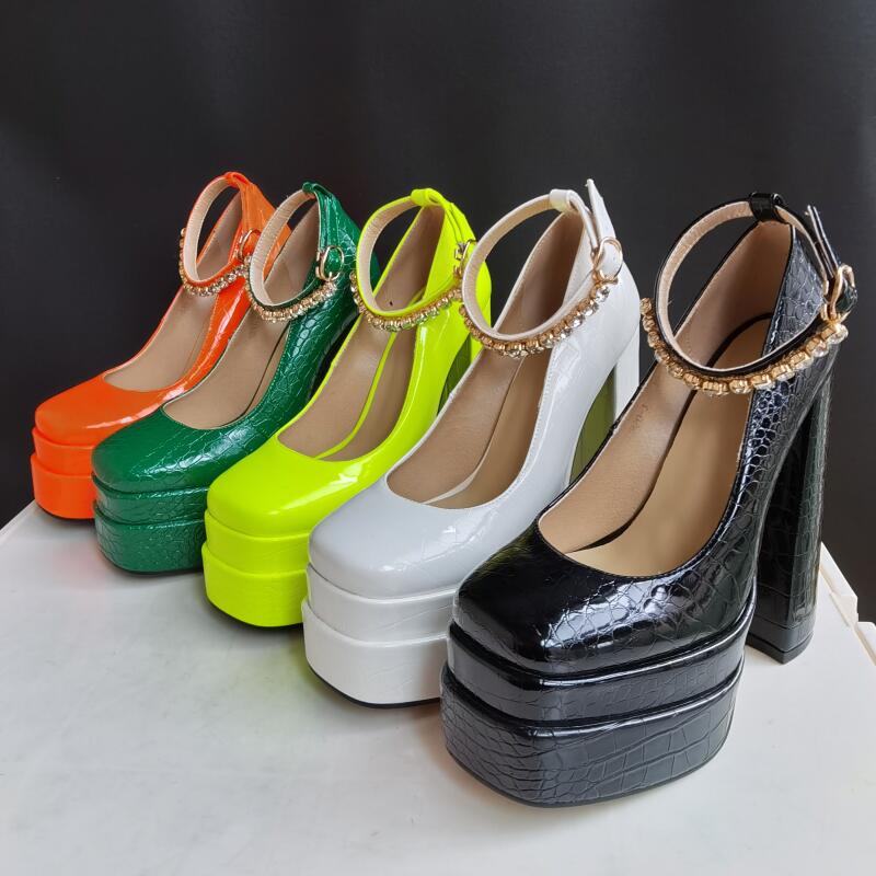 New Sexy Crocodile Pattern Pumps Platform Thick High Heel Rhinestone Party Women's Shoes Black Green Spring Summer Big Size