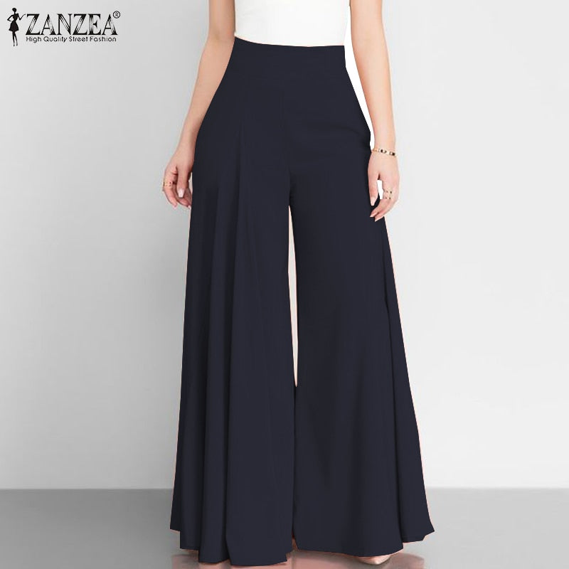 Women Elegant High Waist Wide Leg Pants Spring Vintage Flare Trousers Casual Solid Zipper Pantalon Female Palazzo