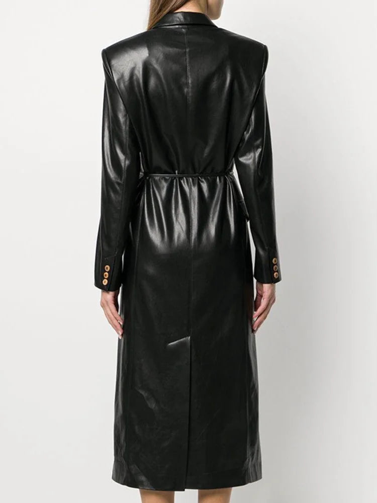 High End PU Leather Trench Coat For Women Lace-up Waist Notched Long Sleeve Slim Fashion Windbreaker